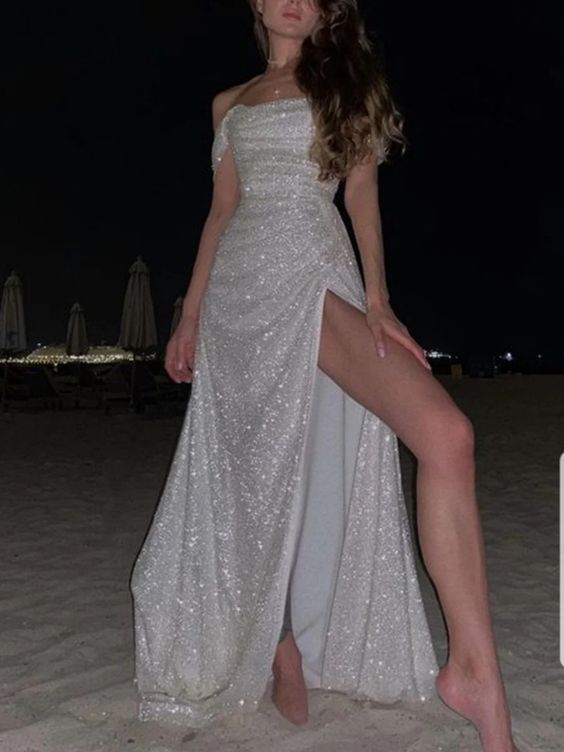 Simple Mermaid Strapless Floor Length Sleeveless Sequin Prom Dress Main image