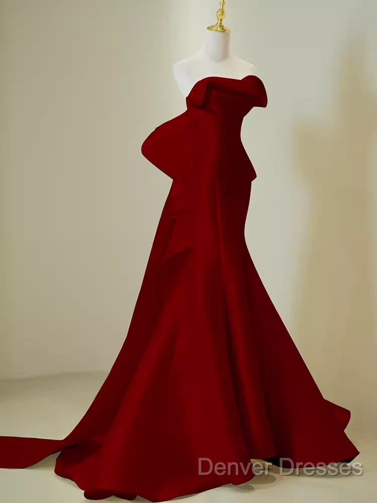 Simple Mermaid Strapless Long Red Prom Dress Evening Dress