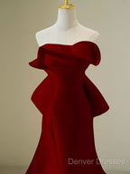 Simple Mermaid Strapless Long Red Prom Dress Evening Dress