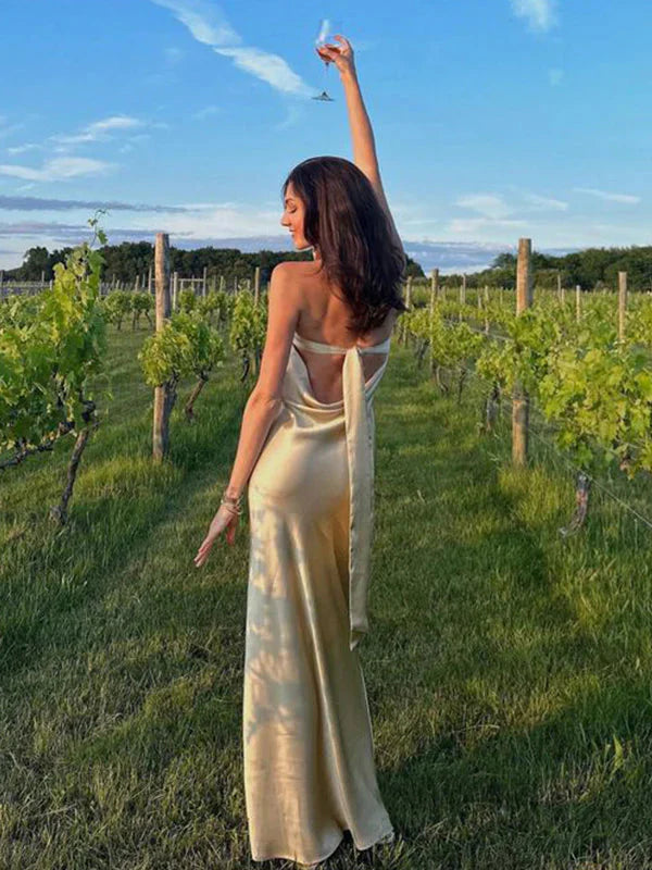 Simple Mermaid Strapless Neckline Long Party Dress Satin Yellow Prom Dress Secondary image