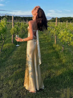 Simple Mermaid Strapless Neckline Long Party Dress Satin Yellow Prom Dress