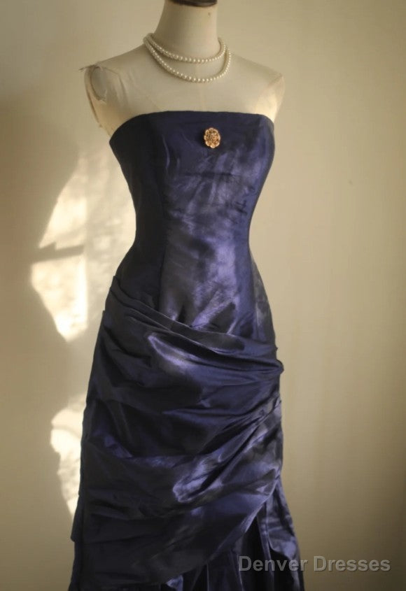 Simple Mermaid Strapless Taffeta Pleated Long Prom Dress Evening Gown Secondary image