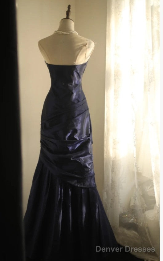 Simple Mermaid Strapless Taffeta Pleated Long Prom Dress Evening Gown