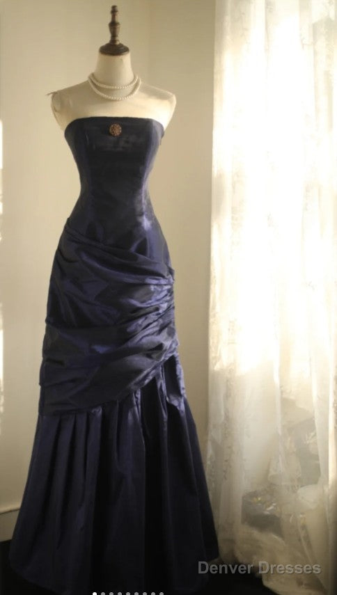 Simple Mermaid Strapless Taffeta Pleated Long Prom Dress Evening Gown Main image