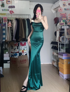 Simple Mermaid Dark Green Thin Strap High Slit Satin Long Prom Dress Evening Dress