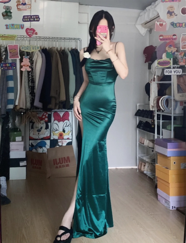 Simple Mermaid Dark Green Thin Strap High Slit Satin Long Prom Dress Evening Dress