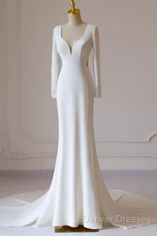Simple Mermaid V Neckline Satin Ivory Long Sleeves Wedding Dress