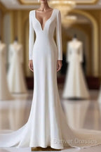 Simple Mermaid V Neckline Satin Ivory Long Sleeves Wedding Dress