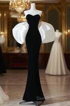 Simple Mermaid Velvet Puff Sleeves Black Long Prom Dress, Black Evening Dress