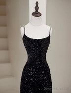 Simple Mermaid Velvet Sequin Black Long Prom Dress, Black Long Evening Dress
