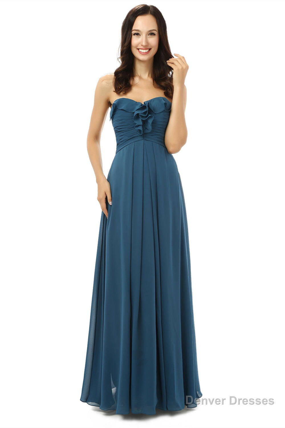 Simple Navy Blue Chiffon Sweetheart Floor Length Bridesmaid Dresses