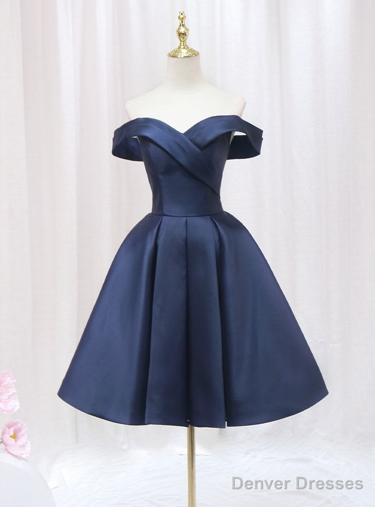 Simple Navy Blue Satin Off the Shoulder Homecoming Dress Main image