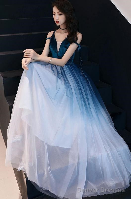 Simple Navy Blue Tulle Long Prom Dress, Green Tulle Evening Dress Main image