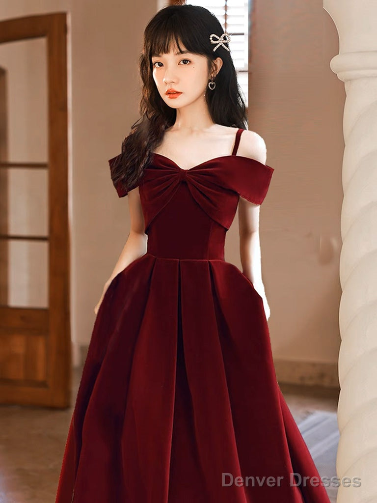Simple Off Shoulder A-Line Tea Length Velvet Burgundy Prom Dress Secondary image