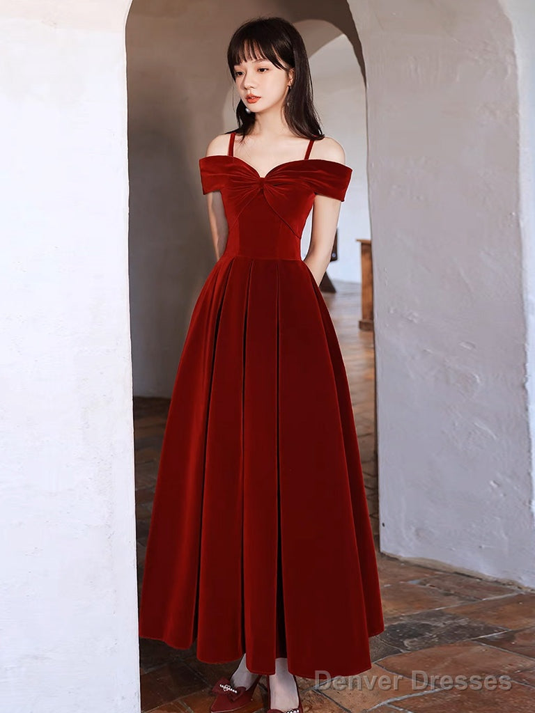Simple Off Shoulder A-Line Tea Length Velvet Burgundy Prom Dress Main image