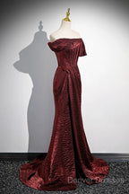 Simple Off Shoulder Burgundy Long Prom Dress, Burgundy Long Formal Dress