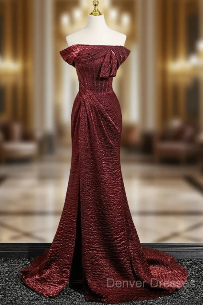 Simple Off Shoulder Burgundy Long Prom Dress, Burgundy Long Formal Dress