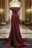 Simple Off Shoulder Burgundy Long Prom Dress, Burgundy Long Formal Dress
