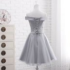 Simple Off Shoulder Grey Tulle Applique Bridesmaid Dress, Knee Length Formal Dress, Party Dress