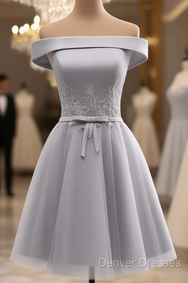 Simple Off Shoulder Grey Tulle Applique Bridesmaid Dress, Knee Length Formal Dress, Party Dress Main image