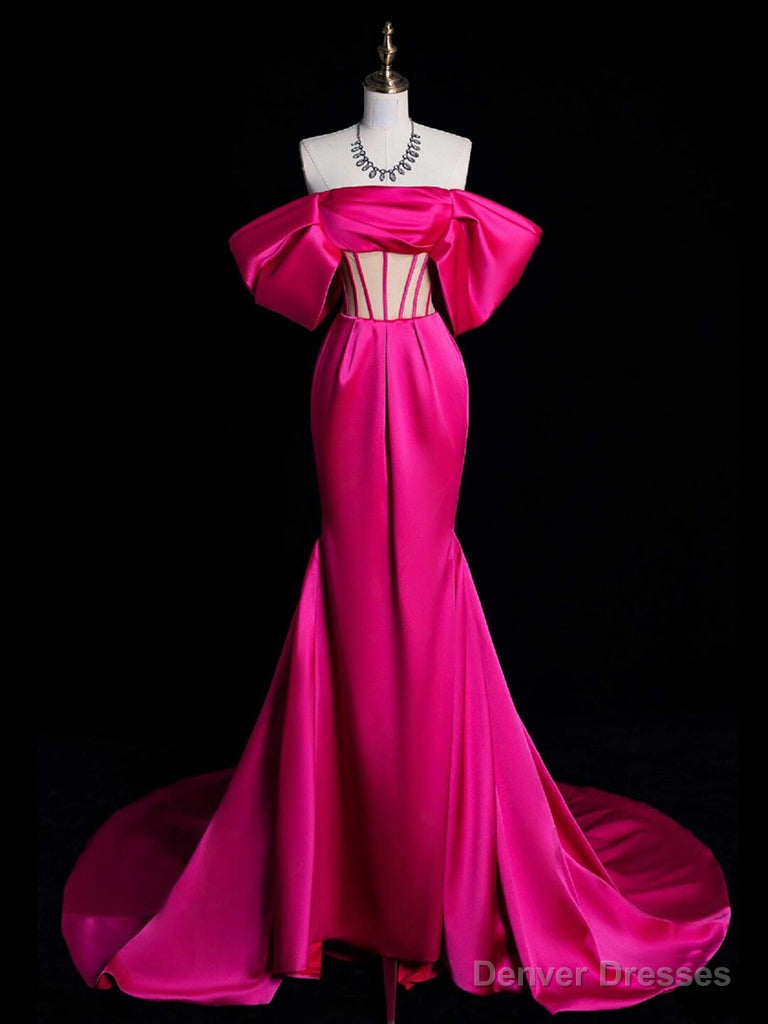 Simple Off Shoulder Mermaid Rose Red Long Prom Dress, Rose Red Satin Long Formal Dress Main image
