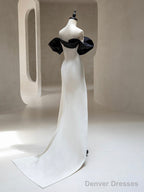 Simple Off Shoulder Satin Black/Beige Long Prom Dress, Black/Beige Long Formal Dress