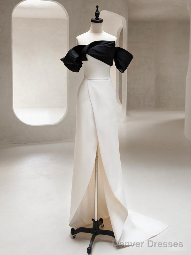 Simple Off Shoulder Satin Black/Beige Long Prom Dress, Black/Beige Long Formal Dress Main image