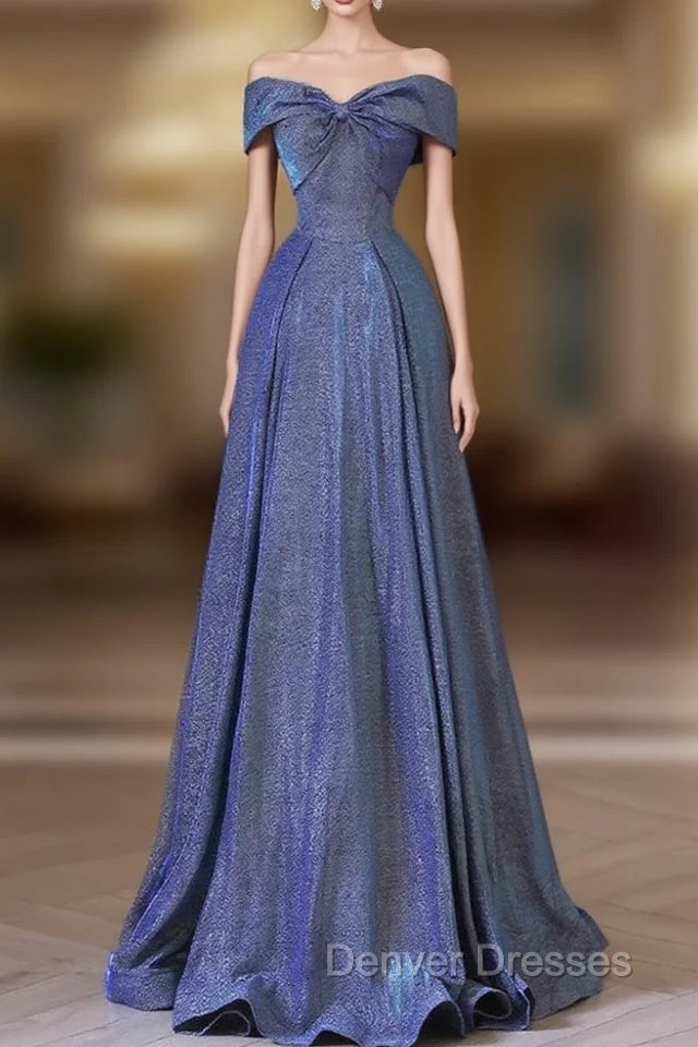Simple Off Shoulder Satin Blue Long Prom Dress, Blue Long Formal Dress Main image