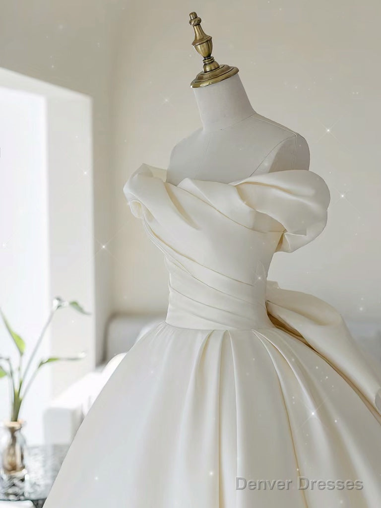 Simple Off Shoulder Satin ivory Long Wedding Dress