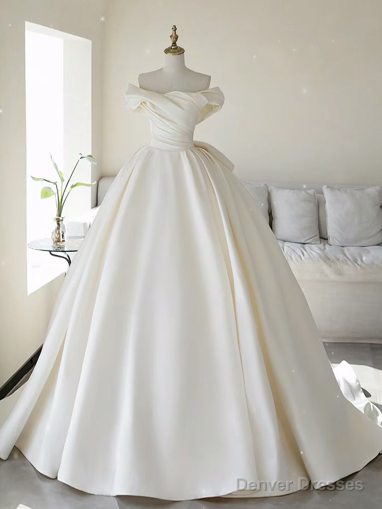 Simple Off Shoulder Satin ivory Long Wedding Dress Main image