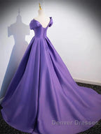 Simple Off Shoulder Satin Purple Long Prom Dress Court Train Dress Evening Dress