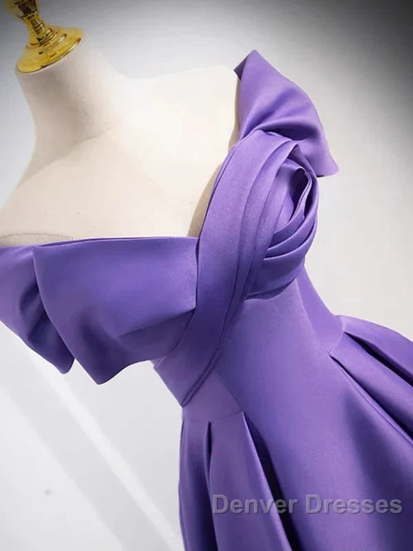 Simple Off Shoulder Satin Purple Long Prom Dress Court Train Dress Evening Dress