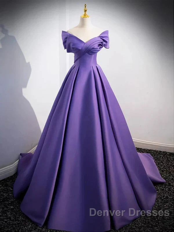 Simple Off Shoulder Satin Purple Long Prom Dress Court Train Dress Evening Dress