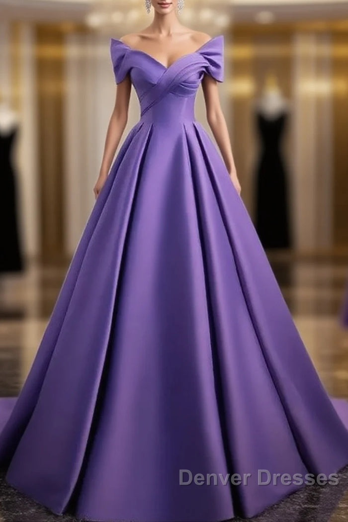Simple Off Shoulder Satin Purple Long Prom Dress Court Train Dress Evening Dress