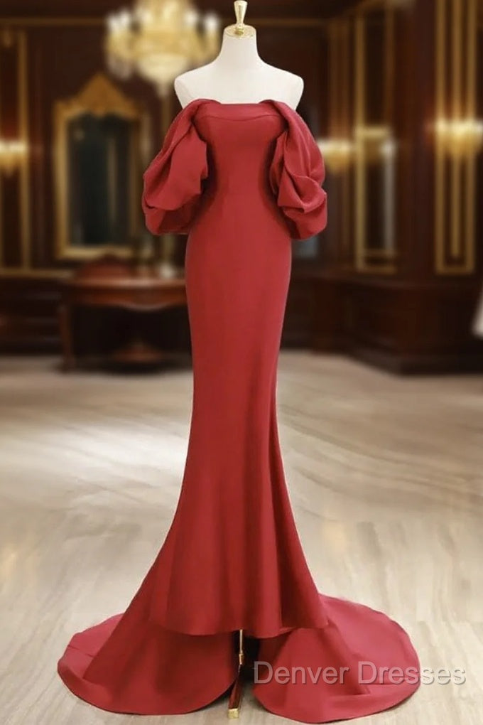 Simple Off Shoulder Satin Red Mermaid Long Prom Dress, Red Long Formal Dress Main image