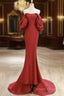 Simple Off Shoulder Satin Red Mermaid Long Prom Dress, Red Long Formal Dress