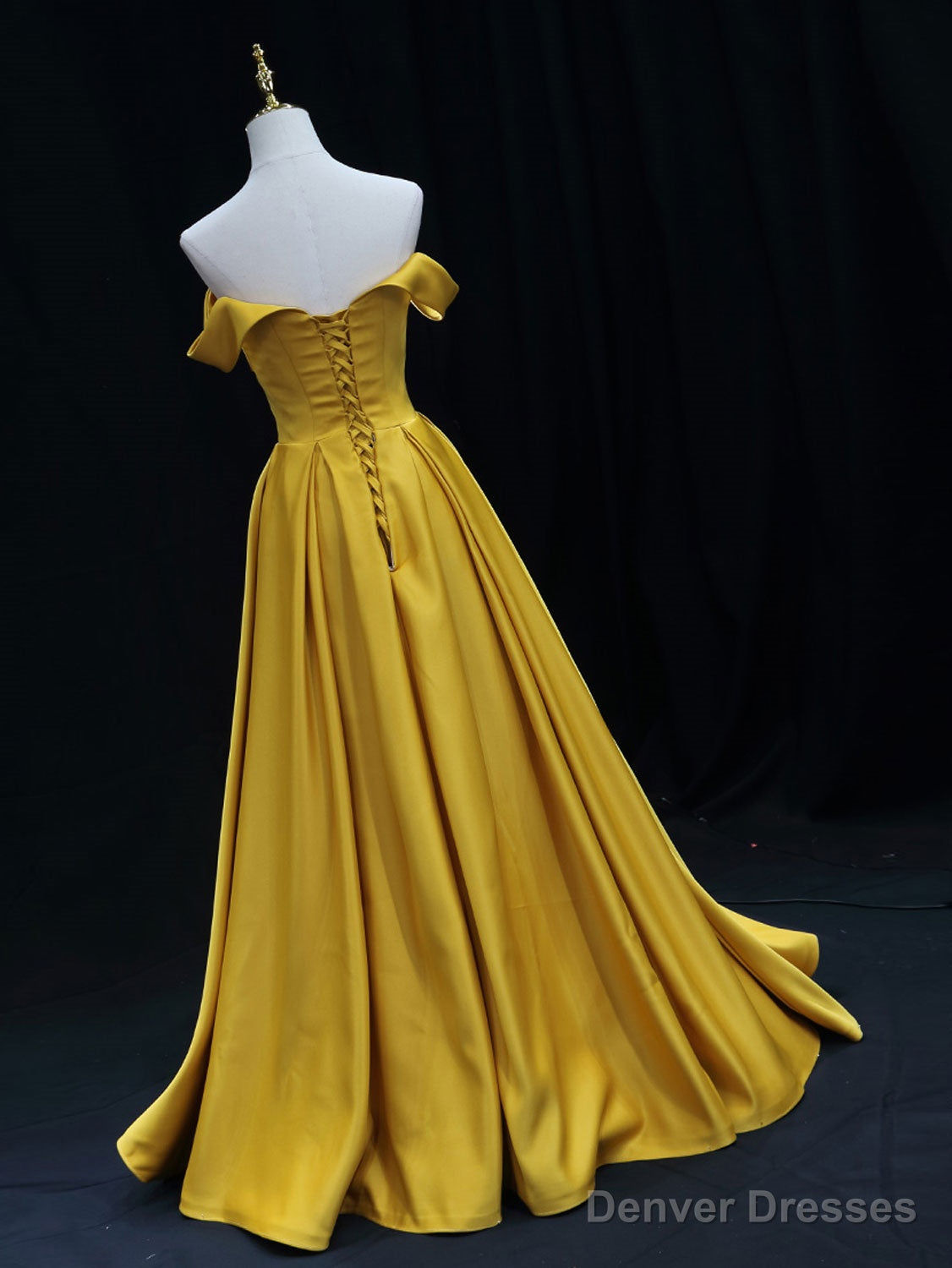 Simple Off Shoulder Yellow Satin Long Prom Dress, Yellow Formal Evening Dress Secondary image