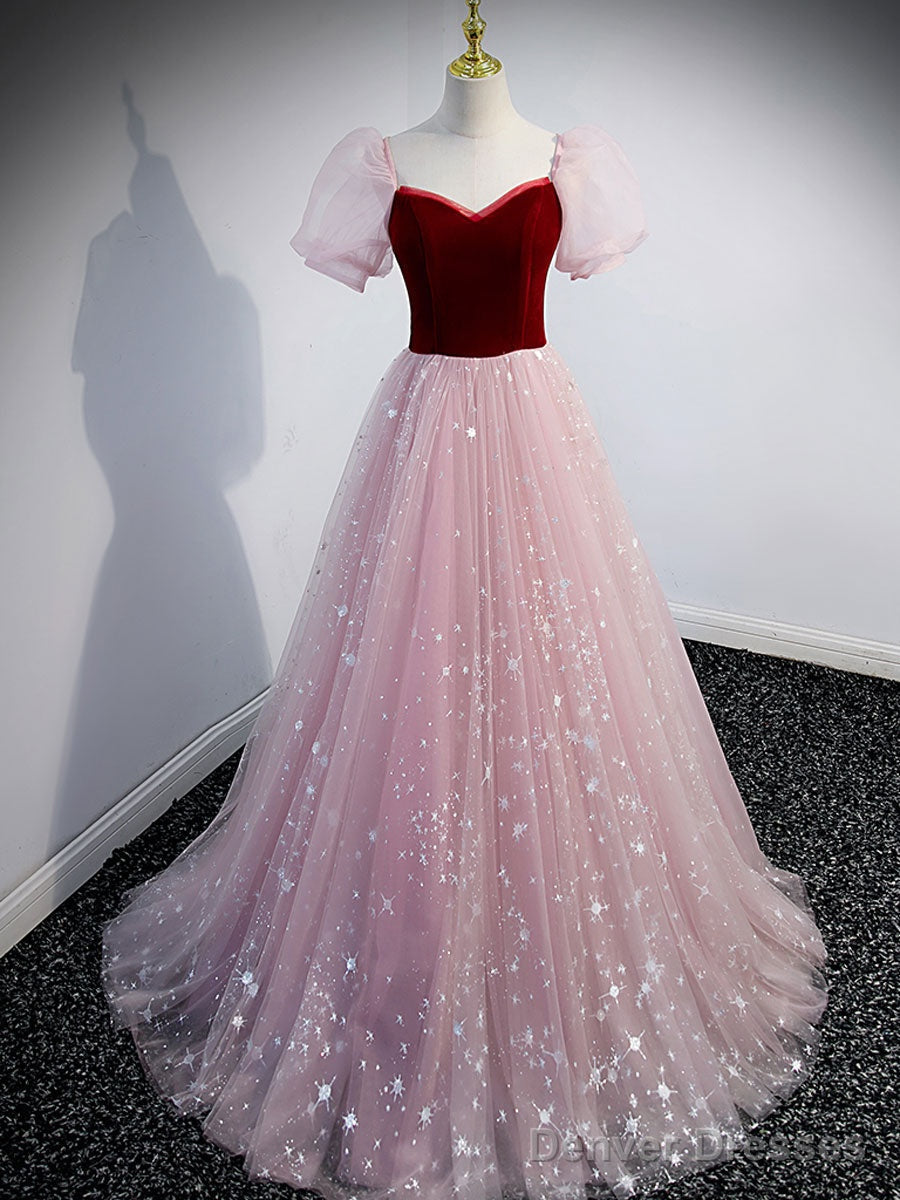 Simple Pink A Line Tulle Long Prom Dress, Pink Evening Dress Main image