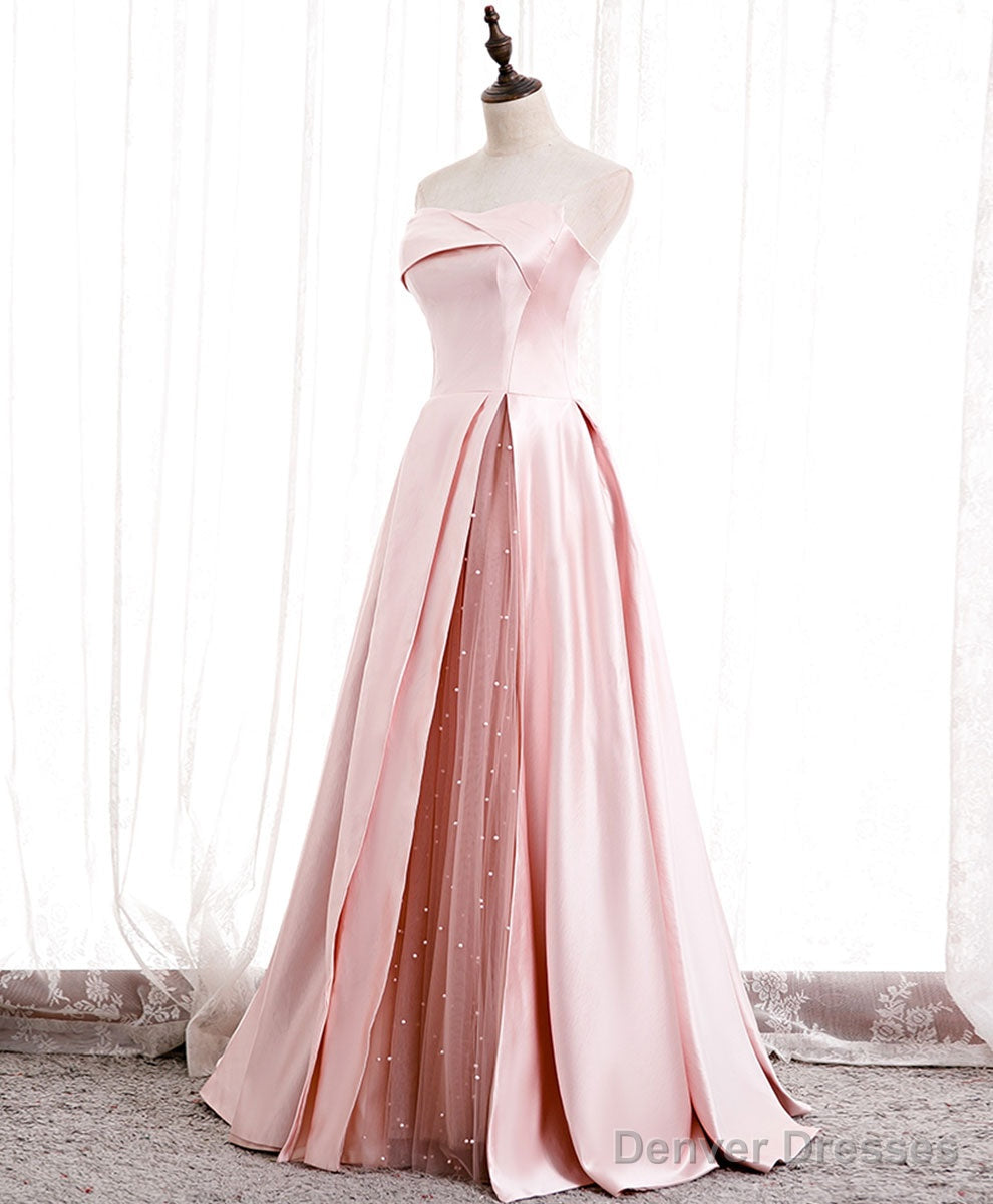 Simple Pink Satin Long Prom Dress, Pink Formal Bridesmaid Dress Main image