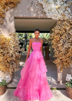 Simple Pink Sleeveless Long Prom Dress, Strapless Evening Dress, Pink Celebration Dress