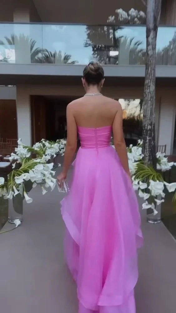 Simple Pink Sleeveless Long Prom Dress, Strapless Evening Dress, Pink Celebration Dress