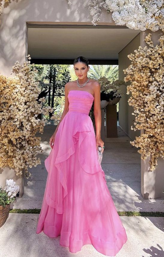 Simple Pink Sleeveless Long Prom Dress, Strapless Evening Dress, Pink Celebration Dress