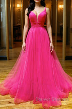 Simple pink v neck tulle long prom Dress pink formal Dress