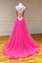 Simple pink v neck tulle long prom Dress pink formal Dress