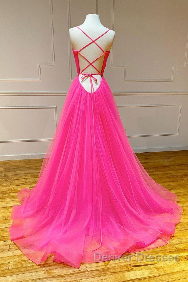 Simple pink v neck tulle long prom Dress pink formal Dress