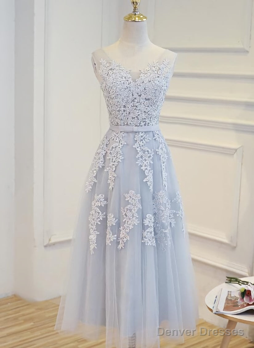 Simple Pretty Light Grey Tea Length Prom Dress, Tea Length Bridesmaid Dress Secondary image
