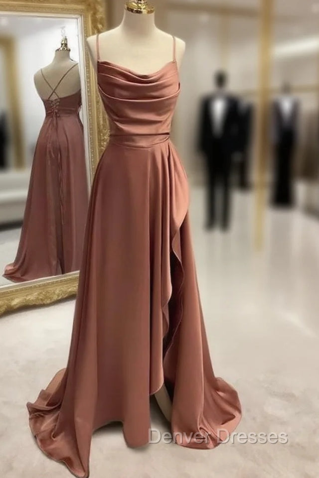 Simple Prom Dress, A-line Bateau Spaghetti Straps Long/Floor-Length Satin Prom Dress With Pleated Split Main image