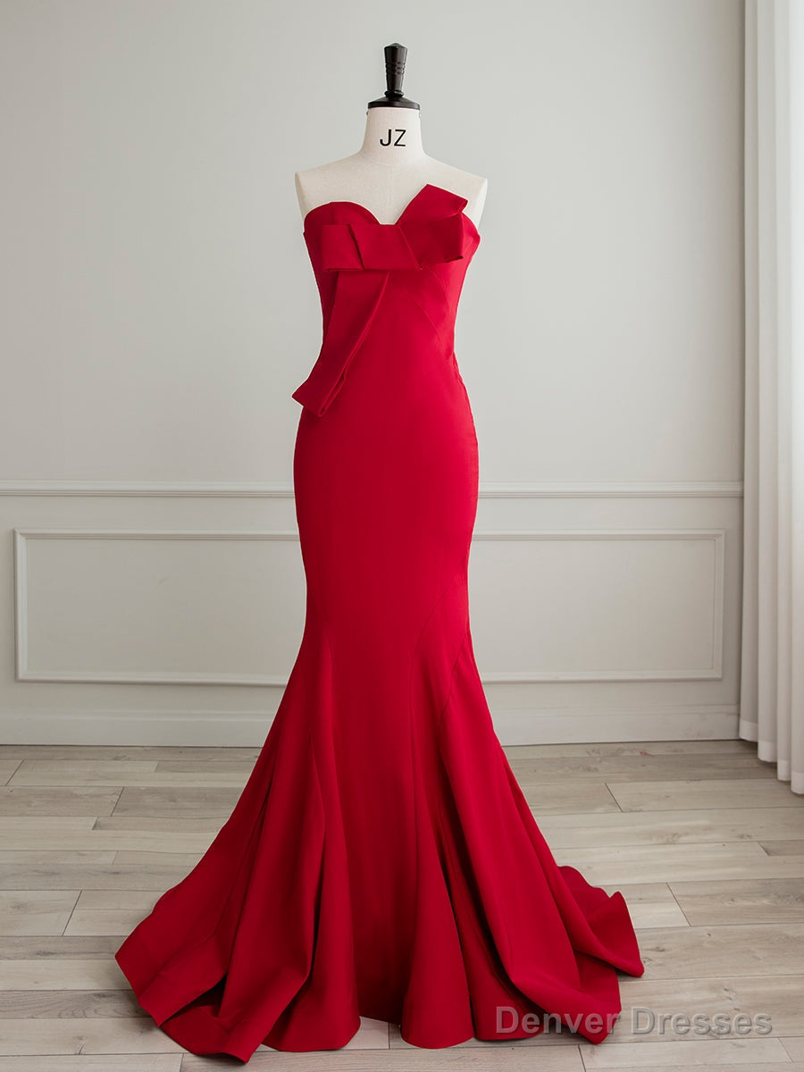 Simple Red Satin Mermaid Long Prom Dress, Red Formal Evening Dress Main image