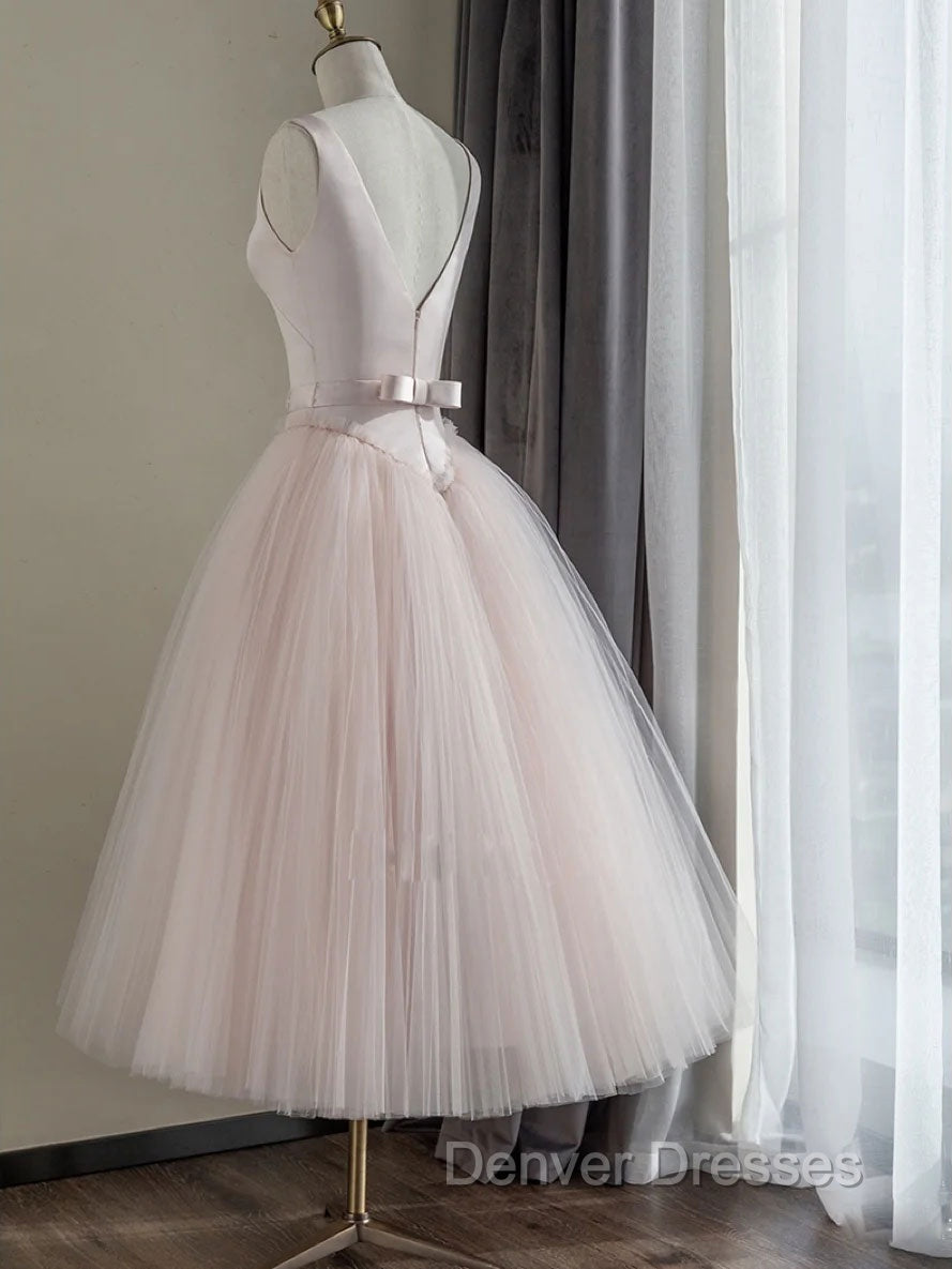 Simple Round Neck Satin Short Prom Dress, Pink Tulle Bridesmaid Dress Secondary image