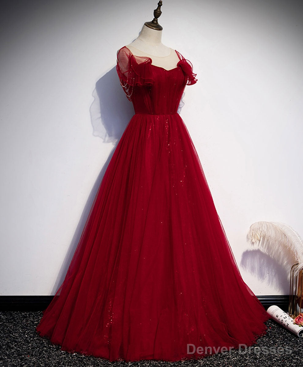 Simple Round Neck Tulle Burgundy Long Prom Dress, Burgundy Formal Dresses Secondary image